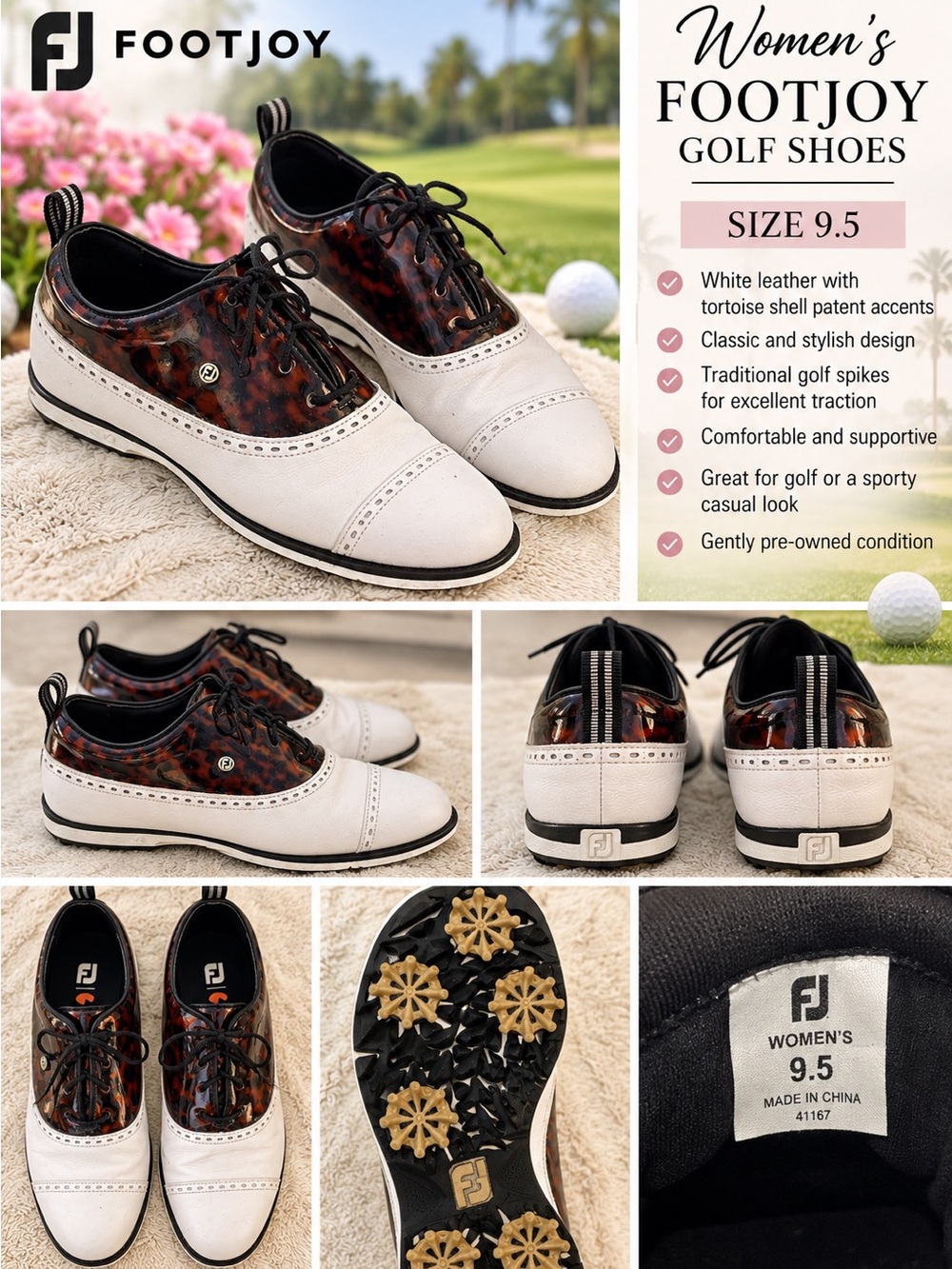 FootJoy White and Tortoise Shell Women's Golf Sneakers, Size 9.5